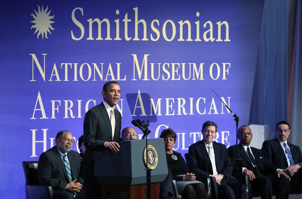 President Barack Obama speaks during the groundbreaking ceremony of the National Museum of African American History and Culture February 22, 2012 in Washington, DC.  (Alex Wong\/Getty Images)