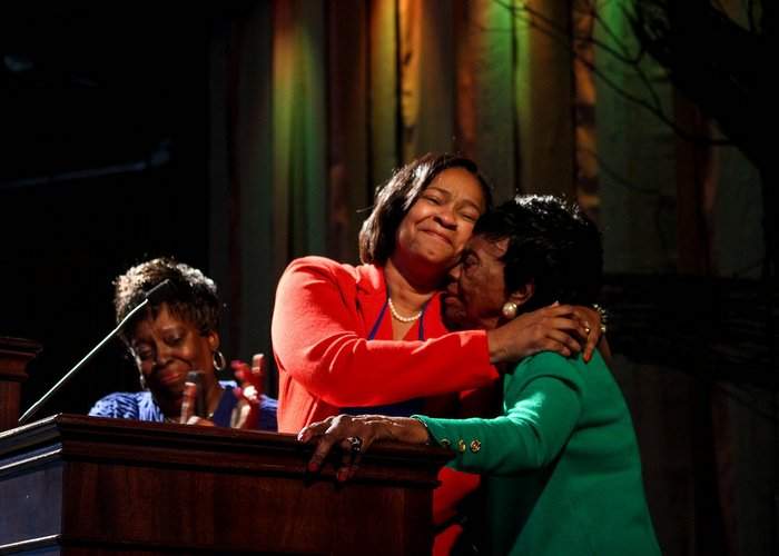 Bishop Sharma Lewis (center) is congratulated after her election by her sister Le Ontyne Buggs (left) and mother, Aleathia Lewis. Contributed by North Georgia Conference of The United Methodist Church