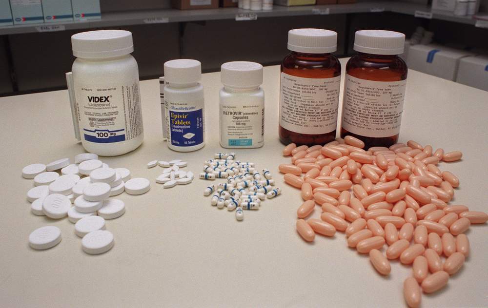 This is an example of the volume of drugs an HIV patient might have to take in a week to combat the virus in 1997 - not counting any other supplementary drugs prescribed for AIDS symptoms. AJC file
