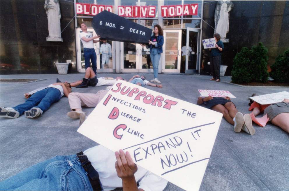 ACT-UP die-in on May 7, 1991, in front of Grady Hospital, protesting the six-month waiting list of AIDS patients to beds at the hospital. AJC file
