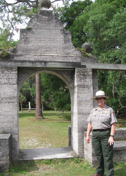 National Park Service ranger Pauline Wentworth leads a tour of the Dungeness ruins on Cumberland Island. Photo by Suzanne Van Atten