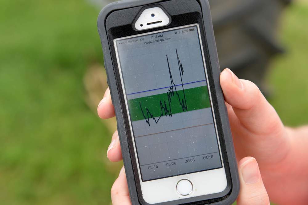 A smartphone app displays soil moisture information about a farm owned by Glenn Cox,  a fifth-generation farmer.Photo: Brant Sanderlin / bsanderlin@ajc.com