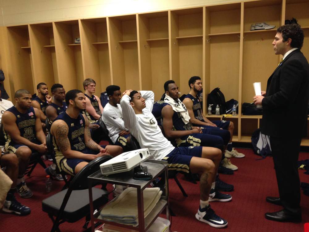 Georgia Tech coach Josh Pastner addresses his team after the 81-69 loss at Wake Forest. (Ken Sugiura\/AJC)