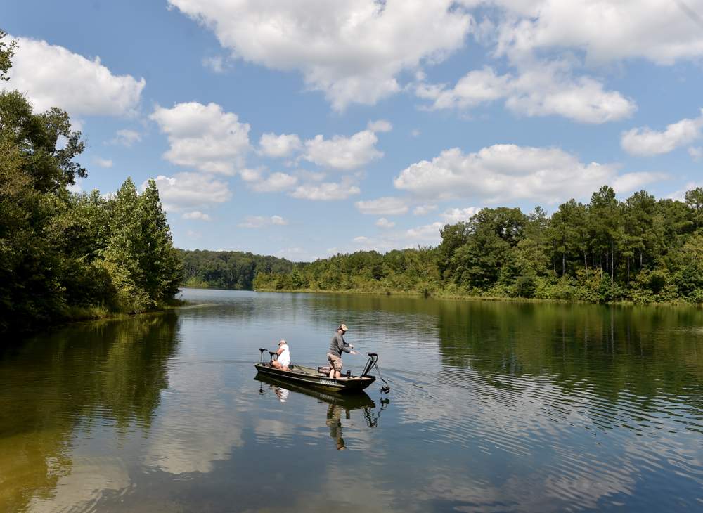 Fisherman on the Cedar Creek Reservoir near Gainesville, Ga. on August 25, 2015. (Brant Sanderlin\/bsanderlin@ajc.com)