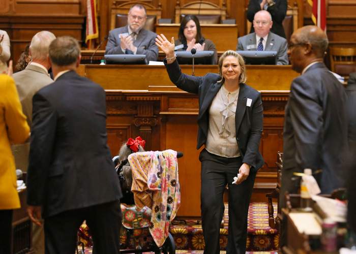Janea acknowledges House members in the Georgia Legislature after they passed Haleigh’s Hope Act in March 2015. Bob Andres \/ bandres@ajc.com