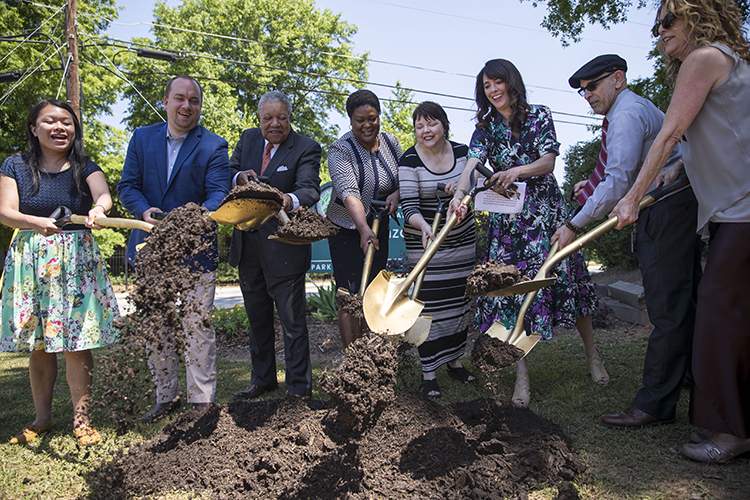 Atlanta Parks and Recreation Commissioner Amy Phuong (from left), Atlanta City Council member Dustin Hillis, Fulton County Commission Chairman Robb Pitts, Atlanta City Council President Felicia Moore, Associate Director of Park Pride Allison Barnett, Isabel Gonzalez Whitaker, Global Commerce Metro Atlanta Chamber Vice President Jorge Fernandez and Ofelia de La Valette take part in a groundbreaking ceremony at Sara J. Gonzalez Memorial Park. 