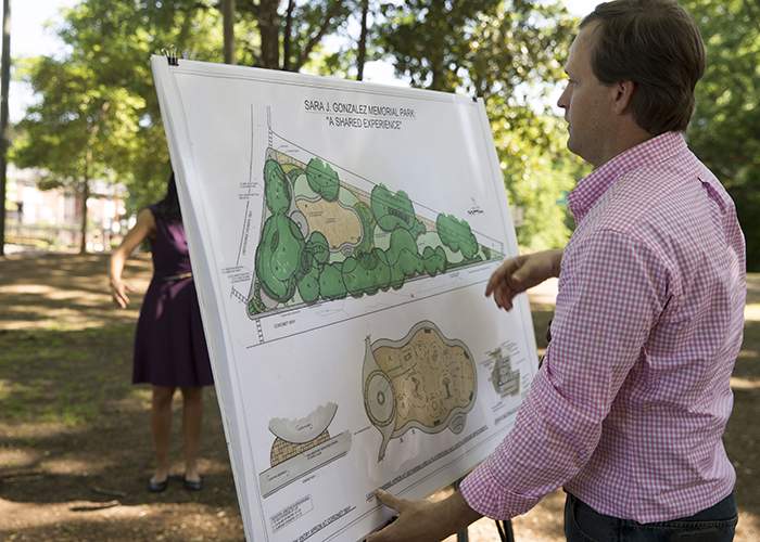Landscape designer and project manager Patrick Hand presents a digital rendering of plans for the Sara J. Gonzalez Memorial Park.