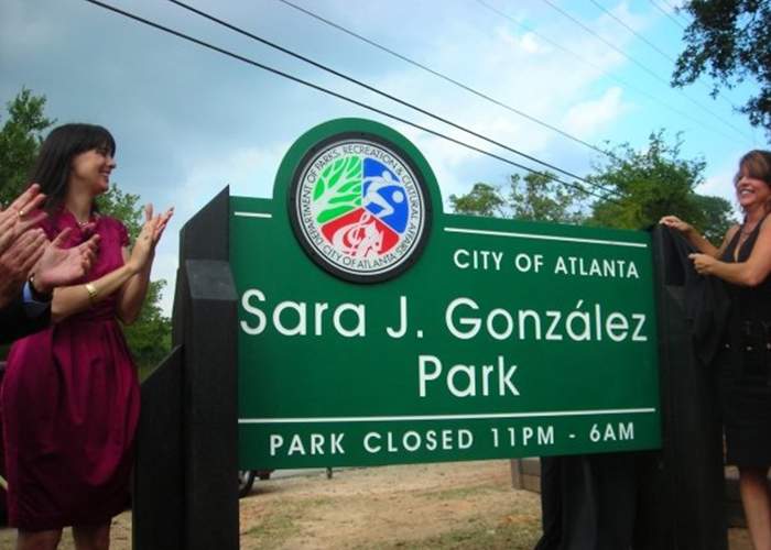 Isabel (left) and her sister Ofelia de La Valette at the park's sign reveal in 2010.Contributed photo