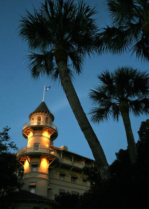 The Jekyll Island Club Hotel, originally built in 1888 as a retreat for America's wealthy elite, now is a world class vacation resort as seen at sunset.