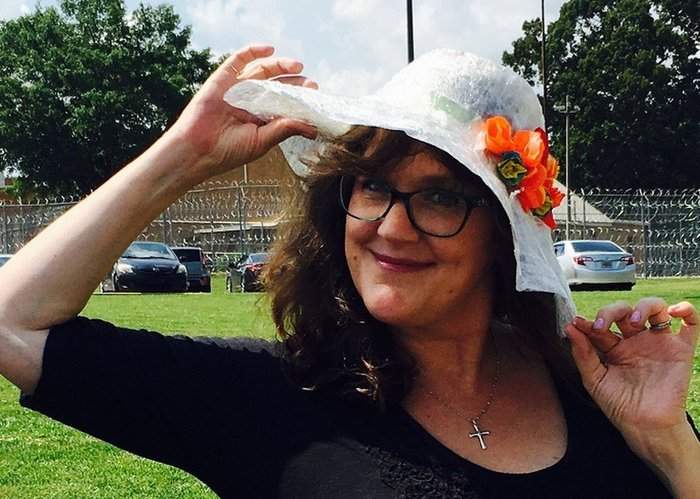 Joshilyn models the hat made for her by her students, inmates at Arrendale State Prison in Alto. Contributed photo