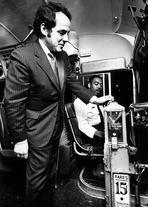 Atlanta mayor Sam Massell takes a ride on a MARTA bus in 1972. J.A. Hawkins is the bus operator. Robert Connell\/AJC