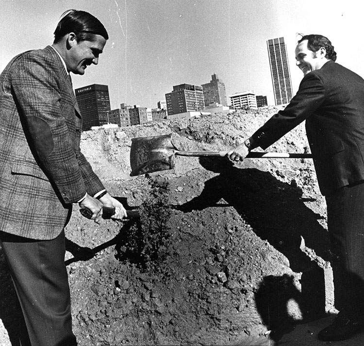 Developer Tom Cousins and Atlanta Mayor Sam Massell break ground for the Omni on March 31, 1971. Charles Pugh\/AJC