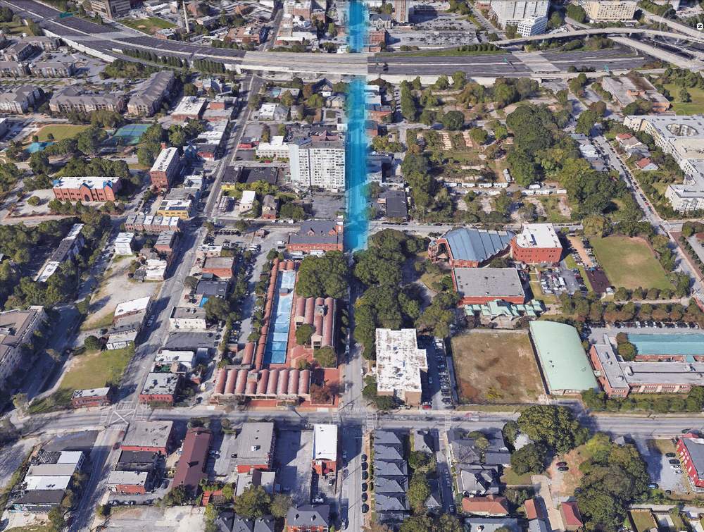 Using Google Earth, the blue line in these images traces the 1968 procession route through today's Atlanta streets. The march began on Auburn Avenue at Ebenezer Baptist Church, part of today's King Historic District. Boulevard runs left-to-right at the bottom. (Google Earth) Using Google Earth, the blue line in these images traces the 1968 procession route through today's Atlanta streets. The march began on Auburn Avenue at Ebenezer Baptist Church, part of today's King Historic District. Boulevard runs left-to-right at the bottom. (Google Earth)