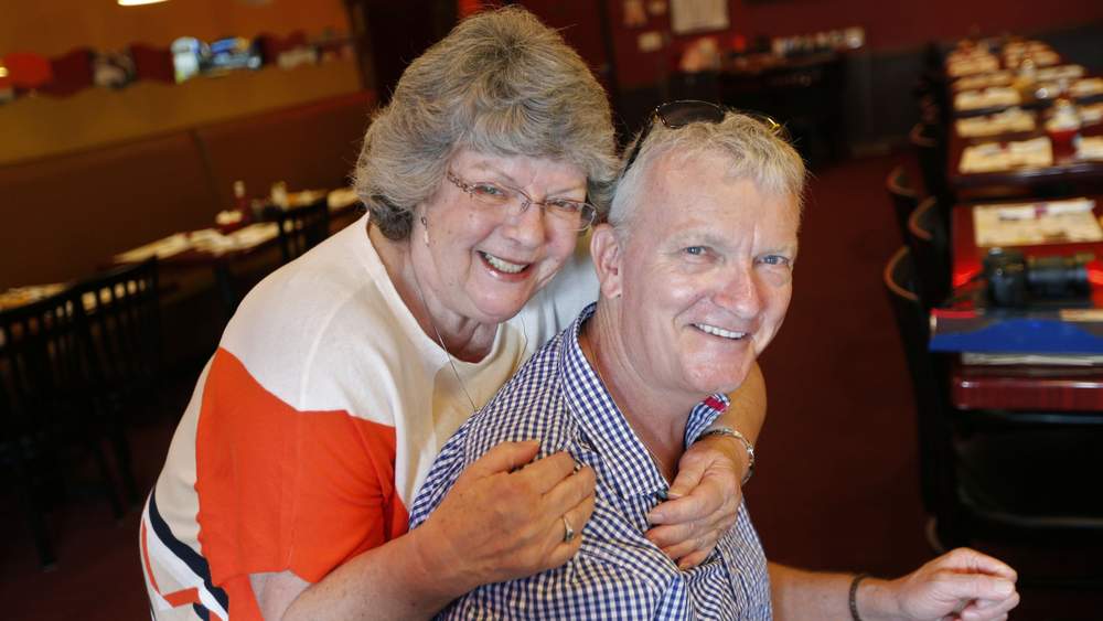 Siblings Chris (right) and Maureen Miles meet in person at the Broadway Diner in Fayetteville for the first time since discovering the others existence in January. Chris is visiting from England where Maureen was born. Bob Andres, bandres@ajc.com