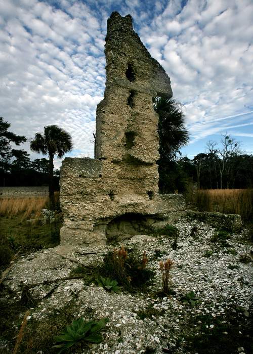 A chimney still stands in the tabby ruins of Chocolate Plantation.