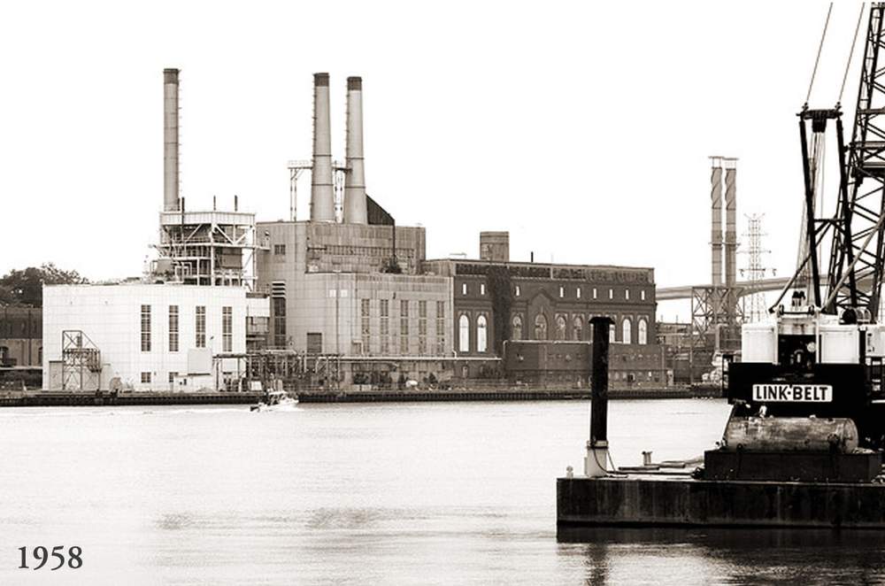 <i>This view from Hutchinson Island illustrates many of the structures that historically stood on the plant's site. (The Kessler Collection)</i>