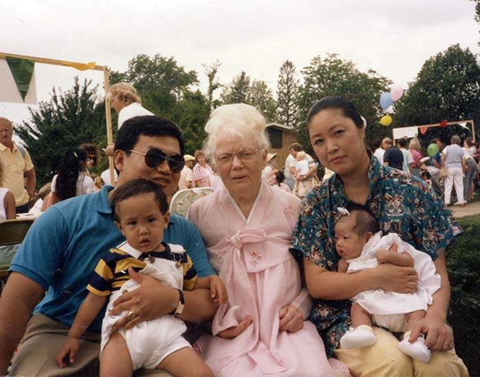 Steve with his wife, Sook Hee, their two children and the founder of Steve's orphanage, Bertha Holt. Contributed by Steve Stirling