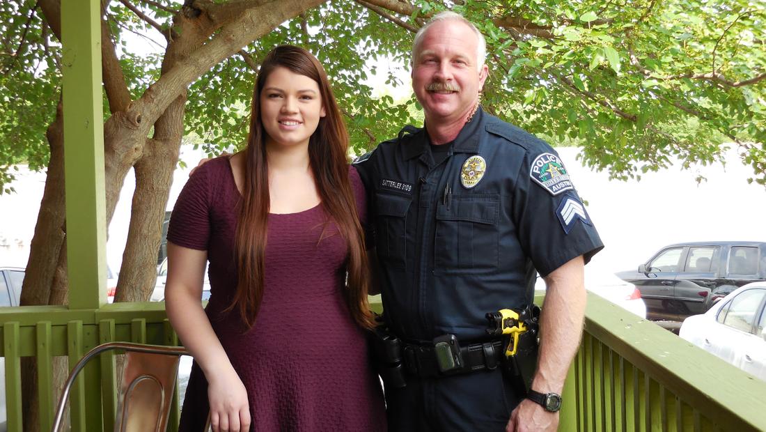 Felicia Villegas and Austin Police Department Sgt. Carl Satterlee reunited this spring when she visited Austin. Photo: Jennifer Brett \/ jbrett@ajc.com