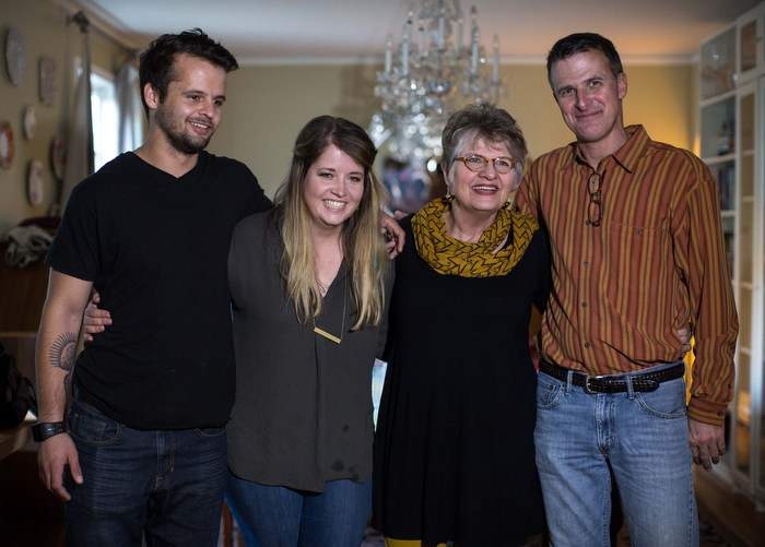 Leslie and three of her four children: twins Elliott (from left) and Annelise Mackinnon and oldest son Pete. The twins brought their “long-lost brother” to show-and-tell in the third grade. 