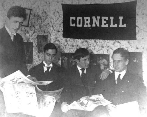 Frank (second from left) and pals study the day's news in their Cornell University dorm room circa 1905.PHOTO: The William Breman Jewish Heritage Museum