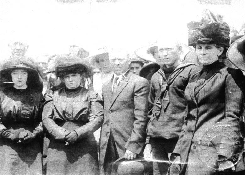 Mary Phagan's relatives mourn at her 1913 funeral in Atlanta. Left to right: sister Ollie Mae Phagan (Barrett), mother Fannie Phagan Coleman, stepfather John Coleman, half-brother Benjamin Coleman and sister Lizzie Marietta Phagan.PHOTO: The William Breman Jewish Heritage Museum
