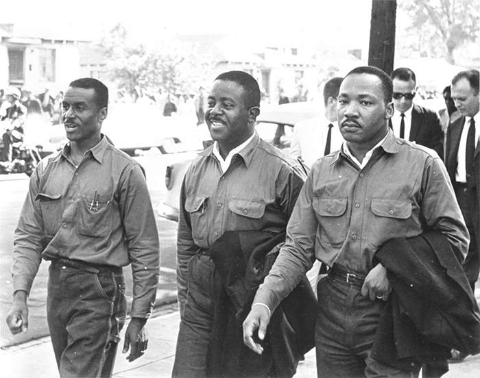 Fred Shuttlesworth, Ralph D. Abernathy and Martin Luther King Jr. in spring 1963 in Birmingham.  Photo courtesy Birmingham, Ala., Public Library Archives