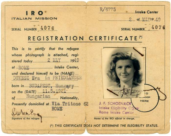 Eva registered as a refugee when she and George moved to Italy after the war. Contributed photo